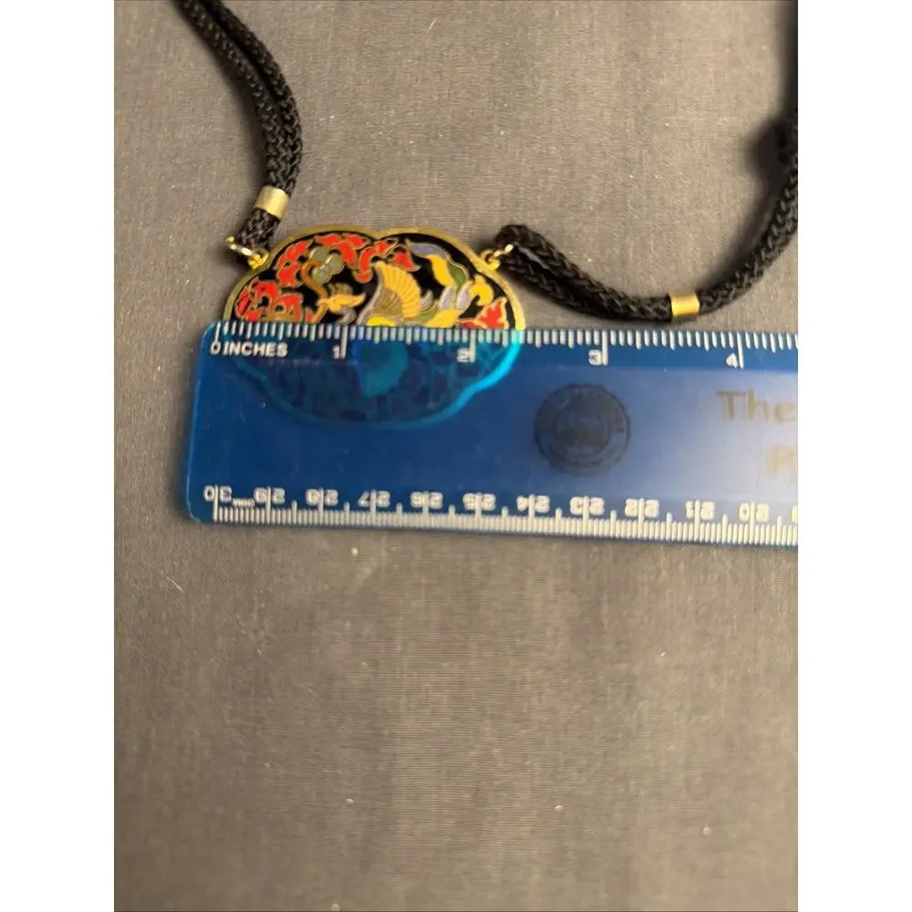 Vintage Cloisonné Brass Bird Pendant on Black Cord